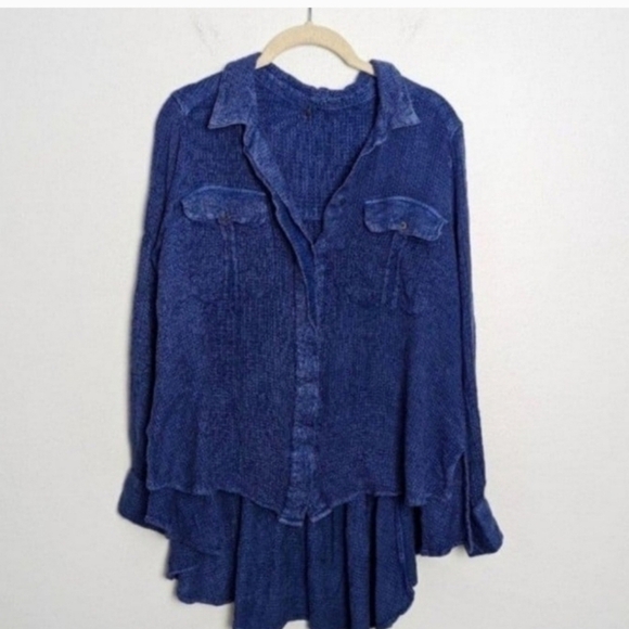 Free People Women's Waffle Knit Blue Button Up Shacket Top XS - Picture 3 of 7